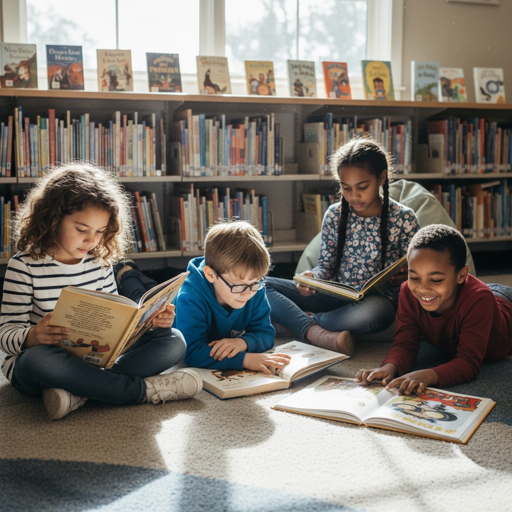 Four children sit on the floor in a library reading books together.